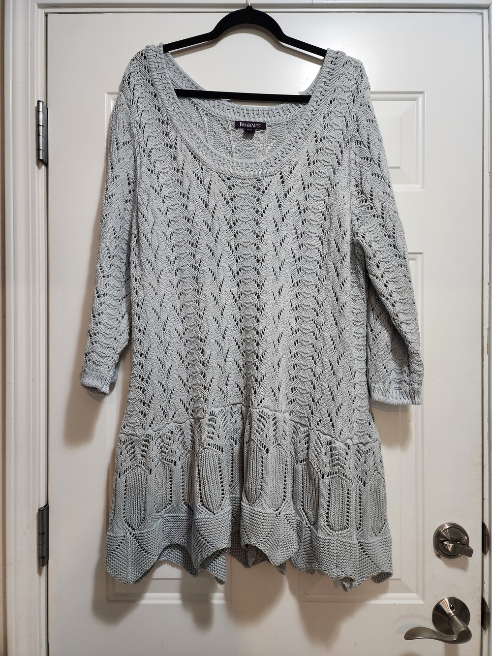 Roaman's Sonia Peplum Crochet Knit Sweater Tunic Light Blue Gray Size 22/24